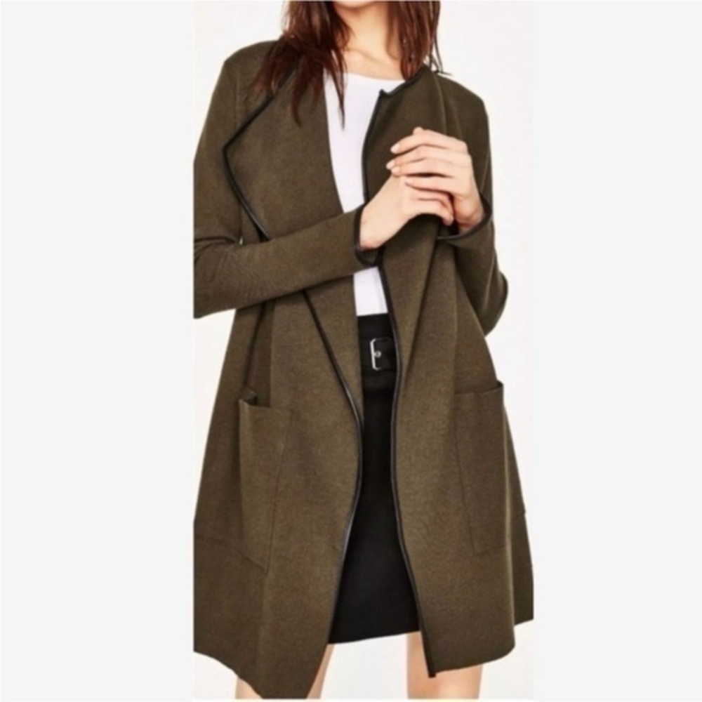 Zara Olive knit open front cardigan w/ faux leather trim